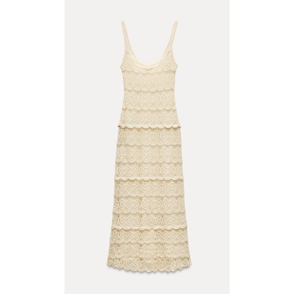 ZARA Beige Crochet Midi Thin Straps Tank Dress With Lining Size Large BNWT